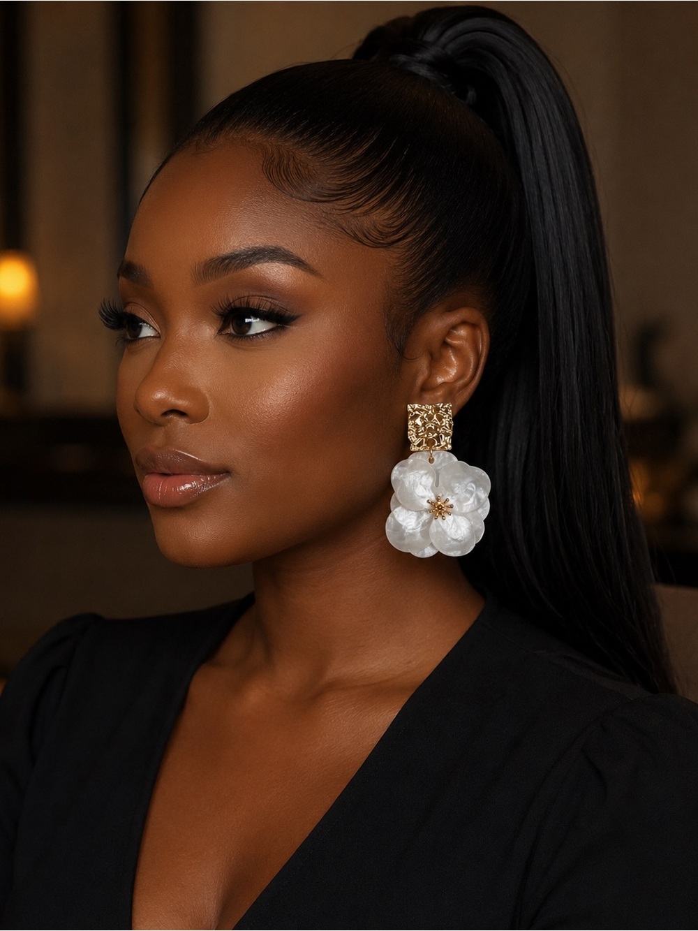 Gold & White Floral Drop Earrings - Women Jewelry